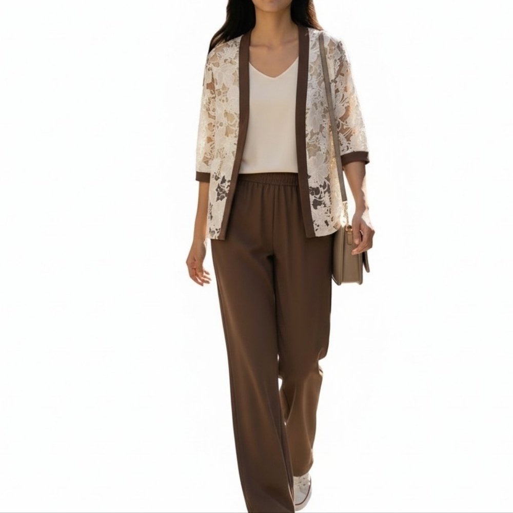 R&M Richards Pant Suit 12P Brown Lace Overlay 2Fer Open Jacket Elastic Waist